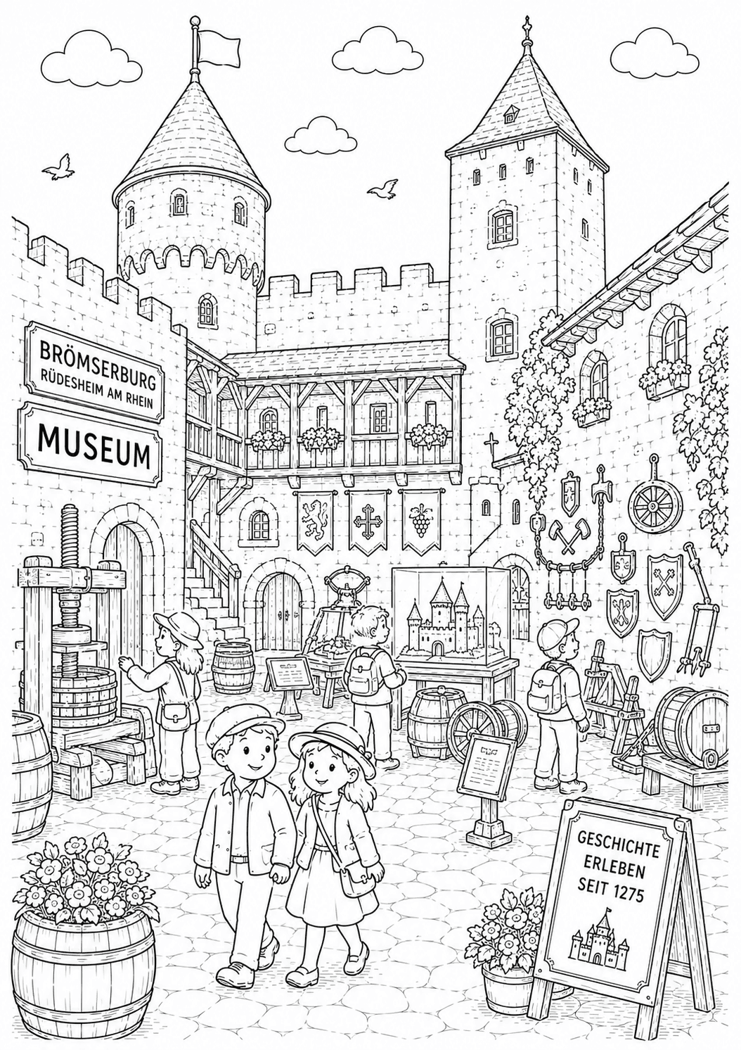 Brömserburg Museumshof Ausmalbild