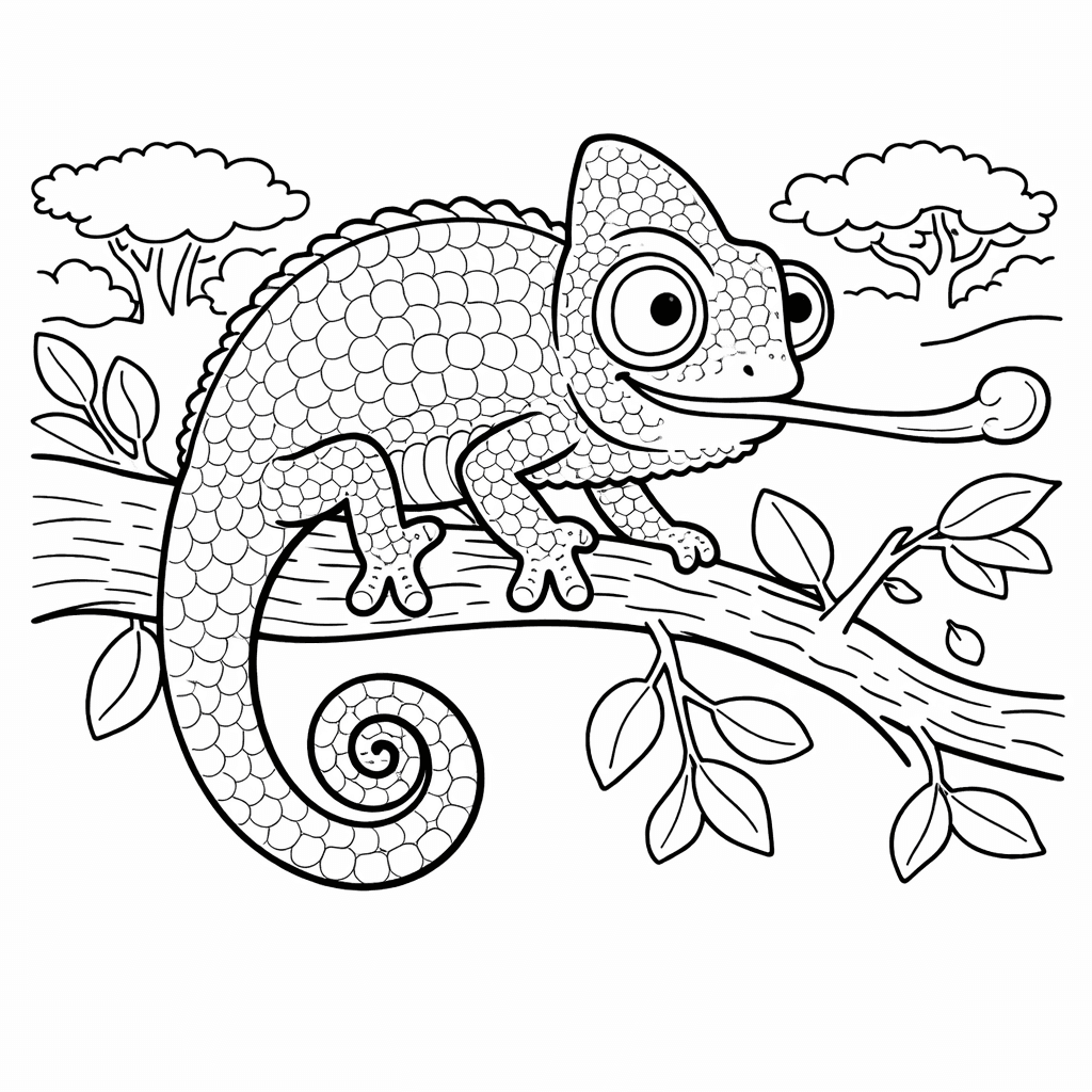 Chamäleon auf Baumast - Ausmalbild