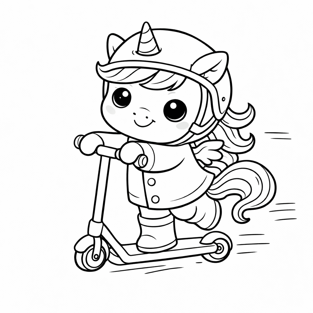 Chibi Einhorn Auf Roller Unterwegs - Ausmalbild