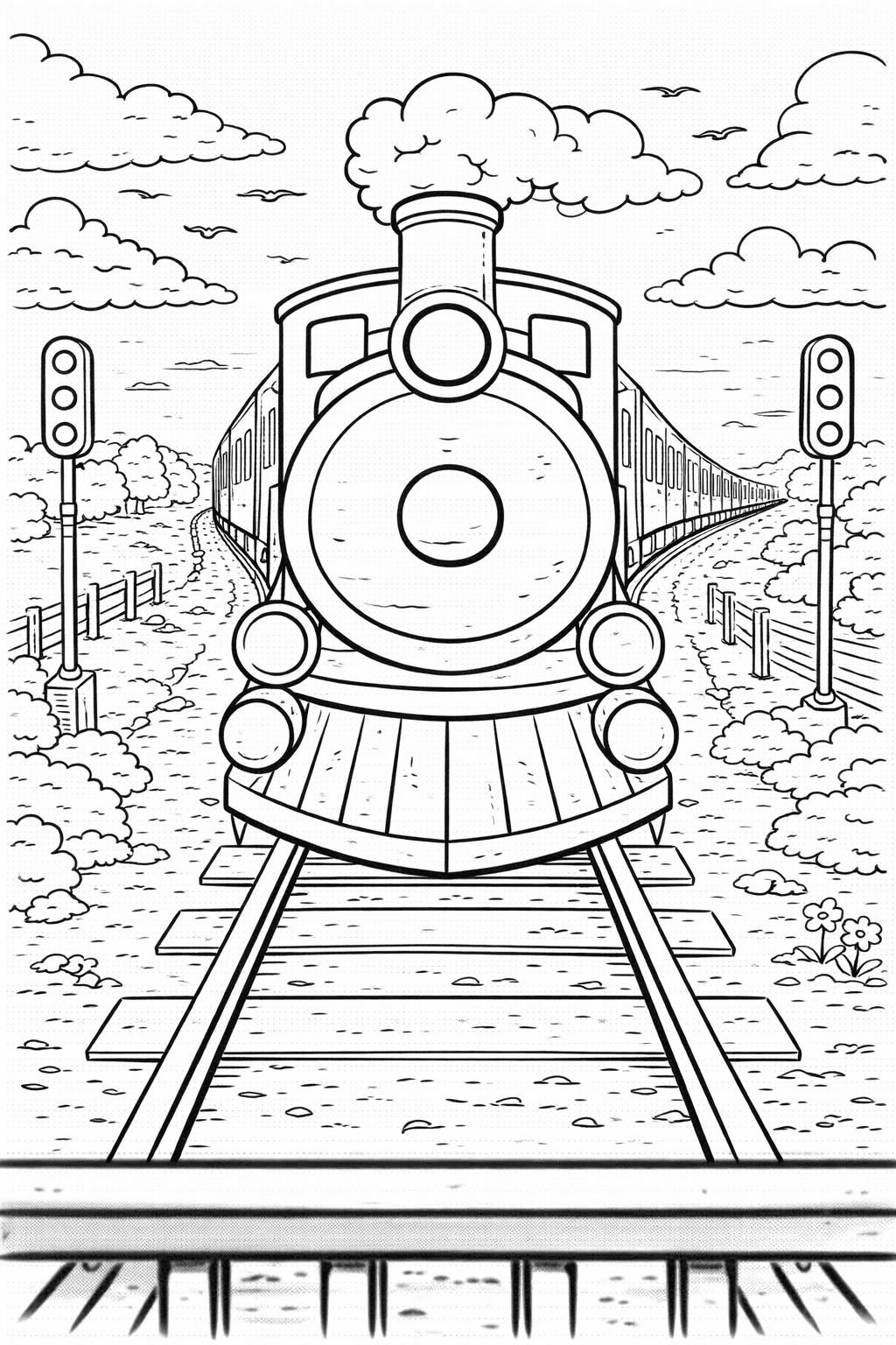 Dampflok auf Schienen - Ausmalbild
