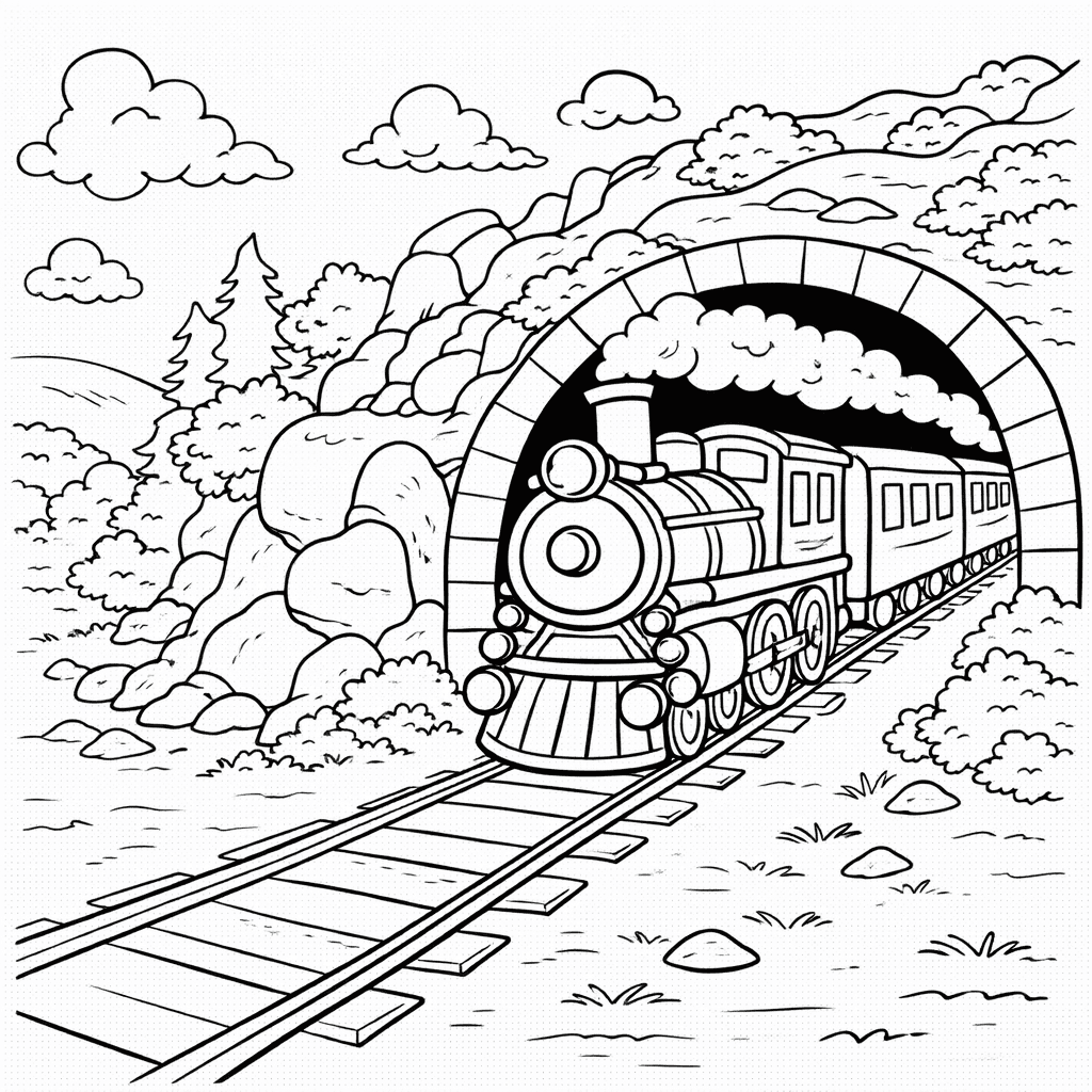 Dampflok aus dem Tunnel - Ausmalbild