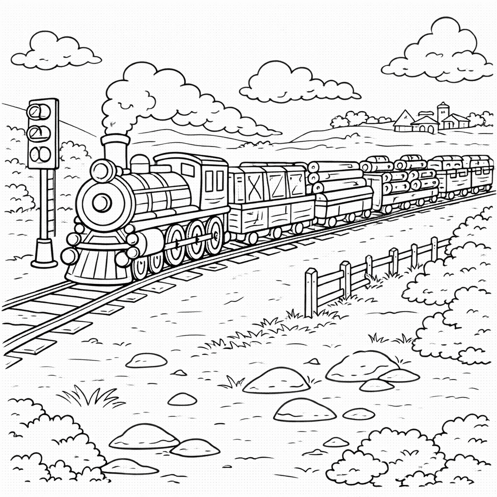 Dampflok fährt durch Landschaft - Ausmalbild