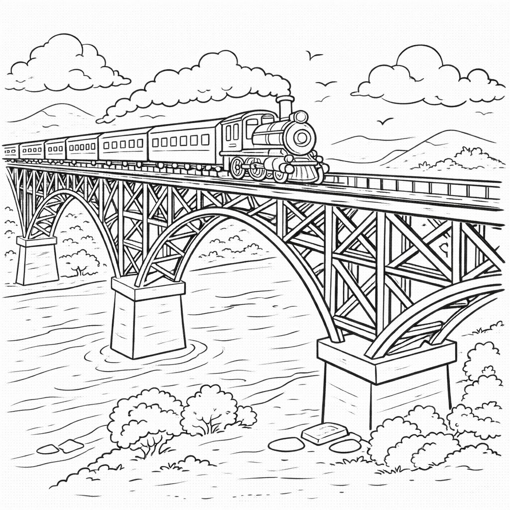 Dampflok über Brücke - Ausmalbild