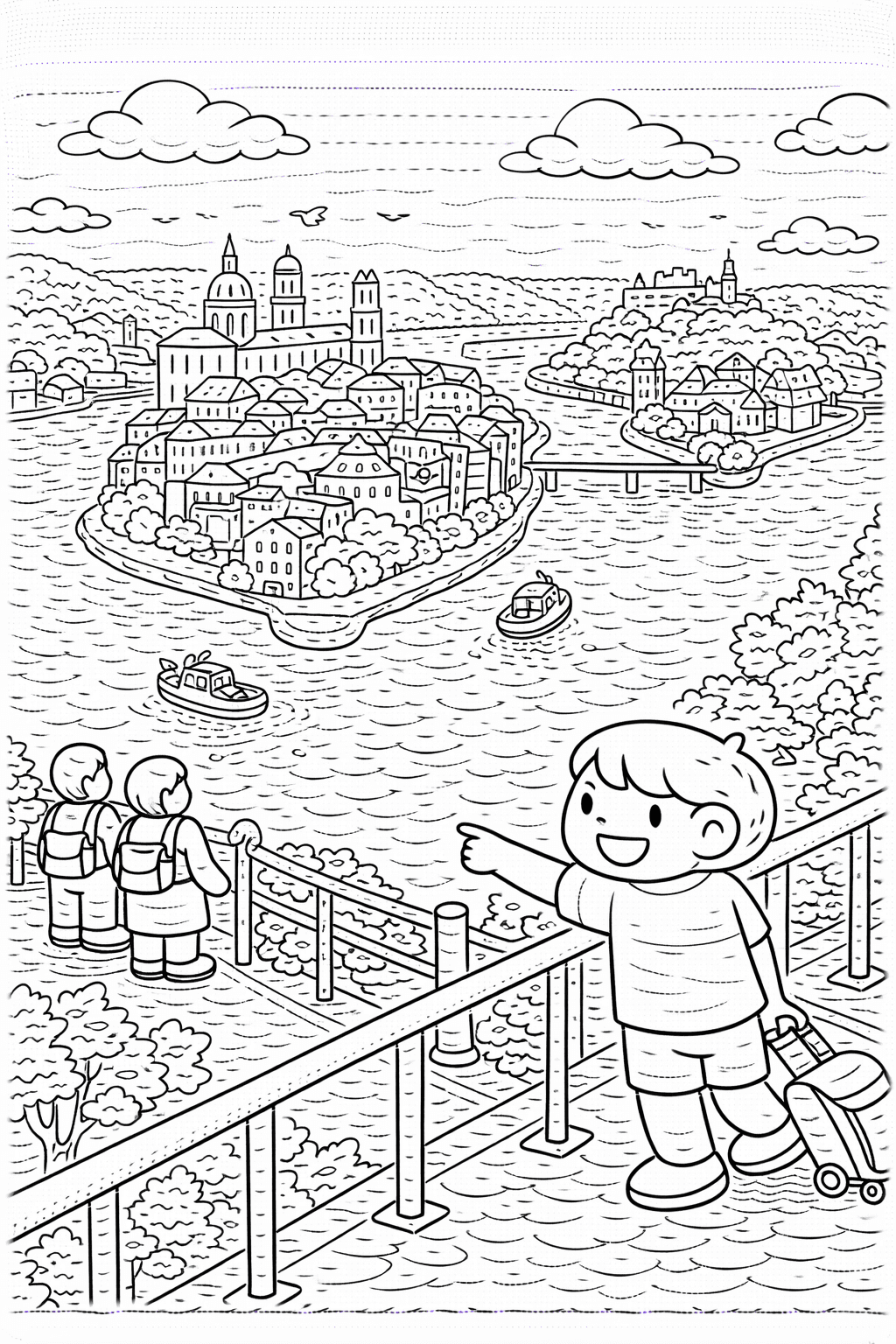 Deutschland: Aussicht auf Passau und Flüsse - Ausmalbild