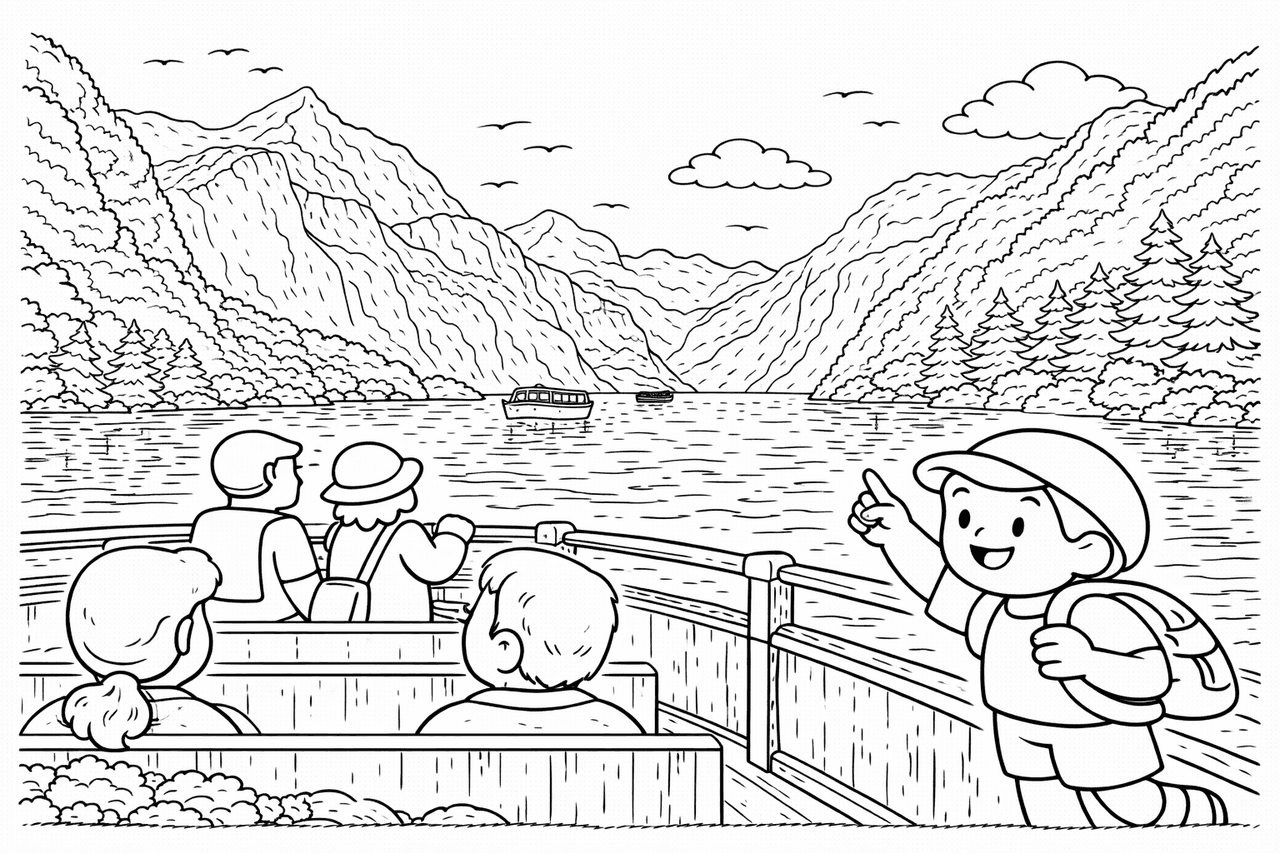 Deutschland: Aussicht auf den Königssee - Ausmalbild