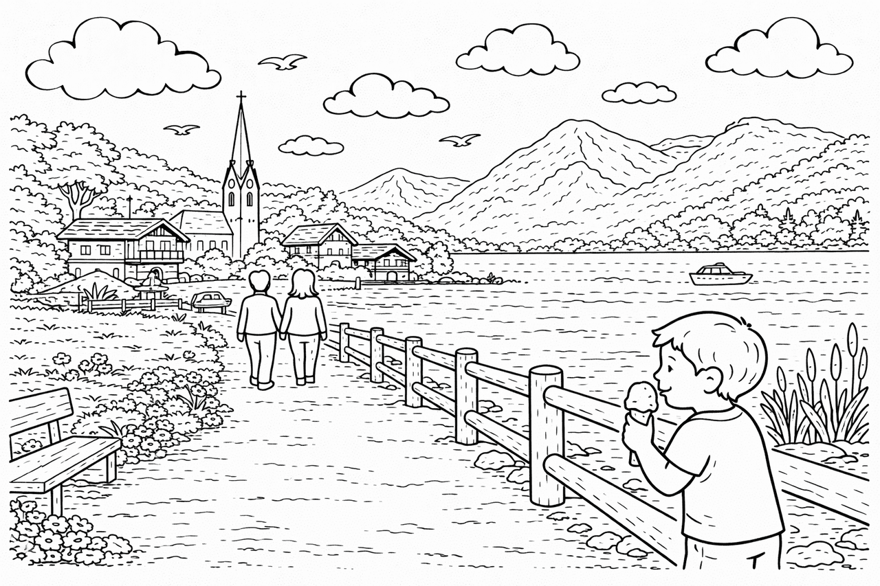 Deutschland: Bayerisches Dorf am Schliersee - Ausmalbild