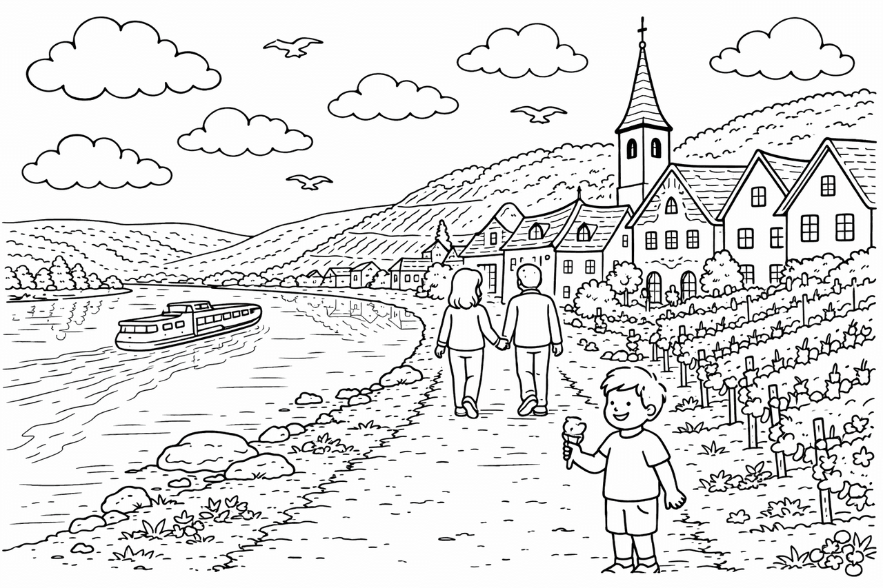Deutschland: Dorf an der Mosel mit Boot - Ausmalbild