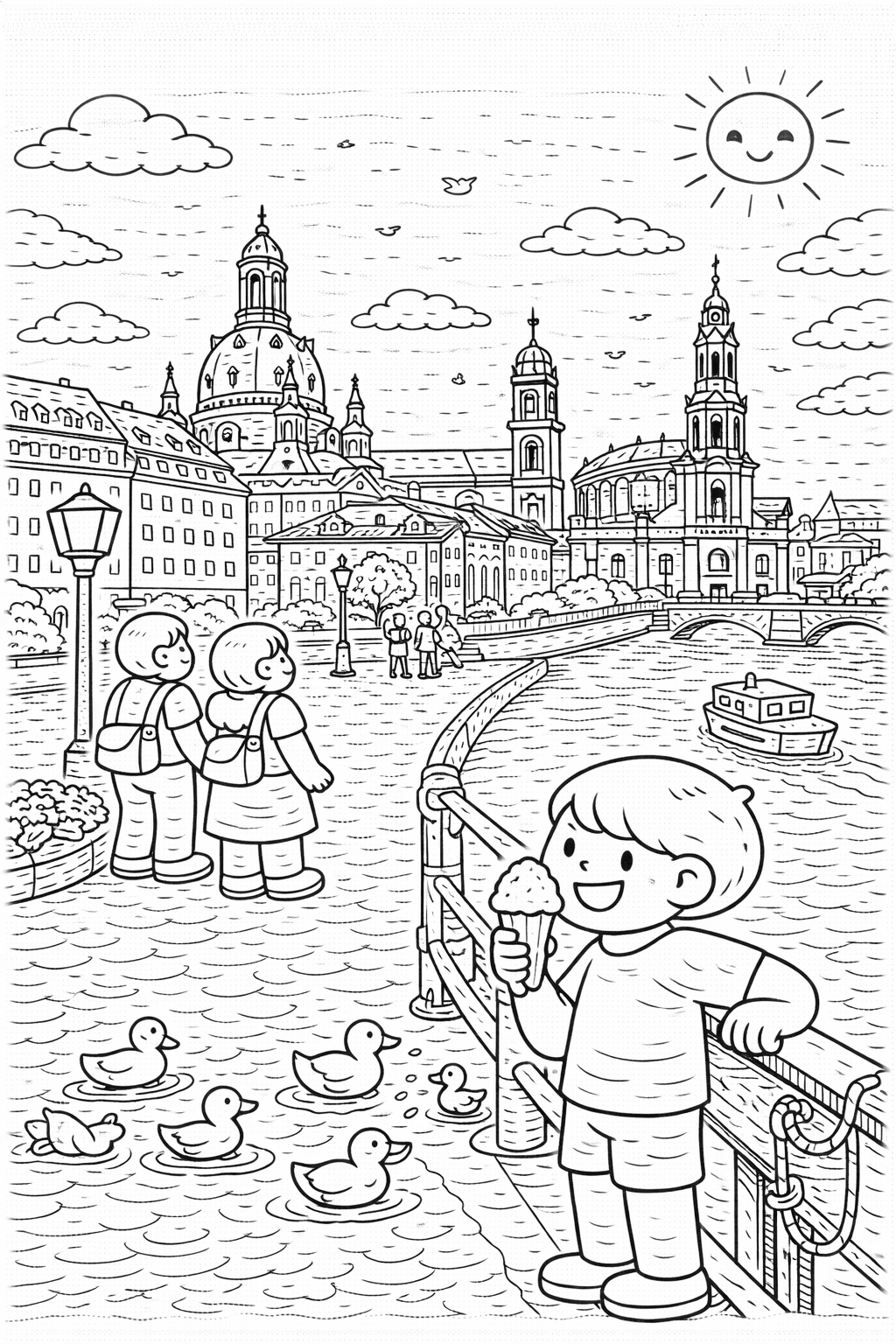 Deutschland: Dresdner Altstadt im Kinderstil - Ausmalbild