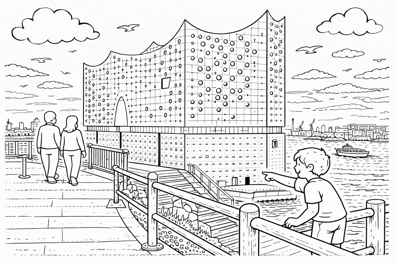 Deutschland: Elbphilharmonie Blick auf den Hafen - Ausmalbild