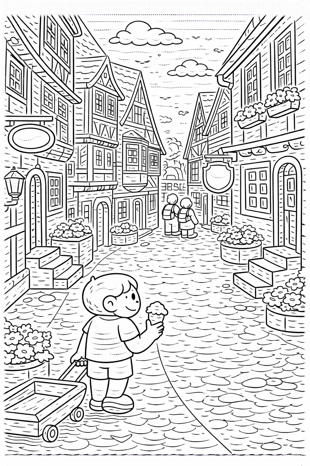 Deutschland: Enge Gasse in Celle mit Blumen - Ausmalbild