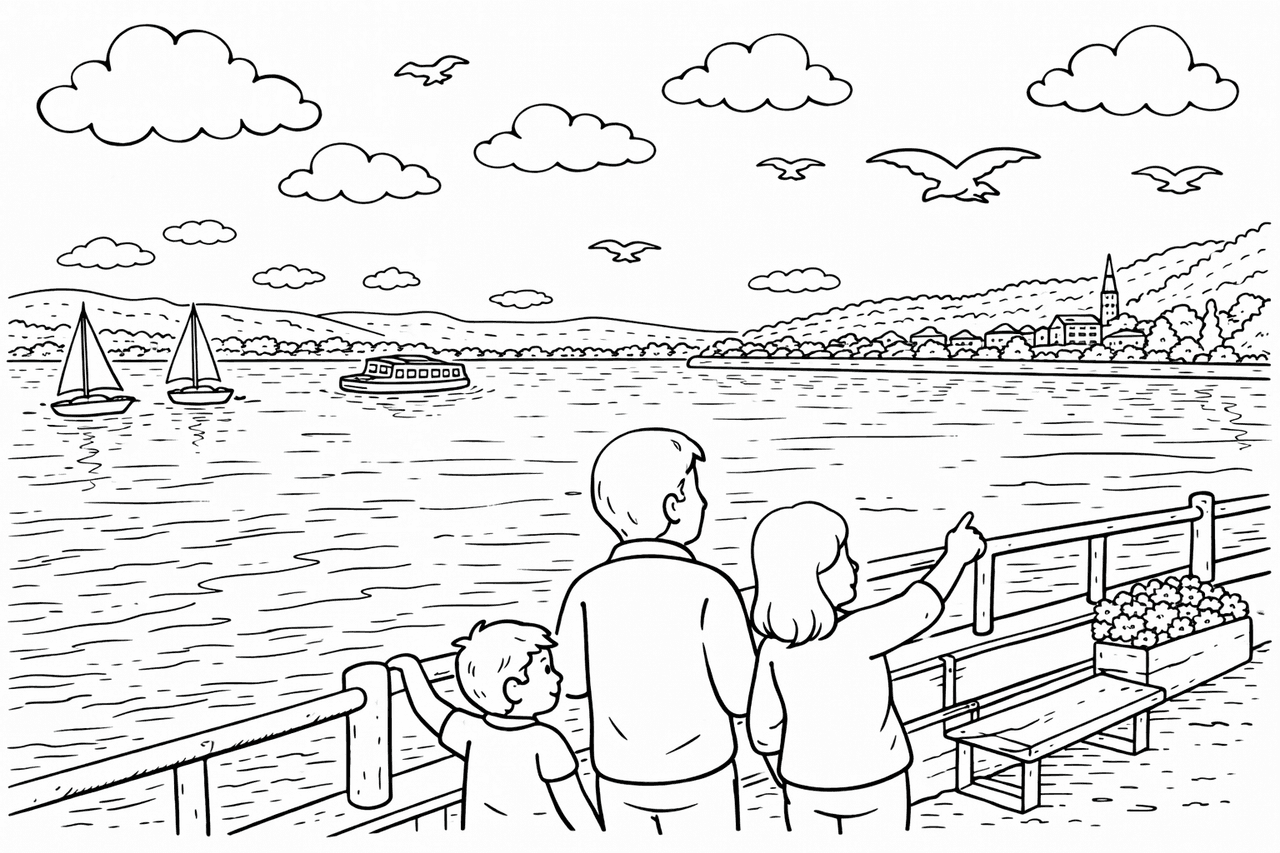 Deutschland: Familie auf dem Bodensee - Ausmalbild