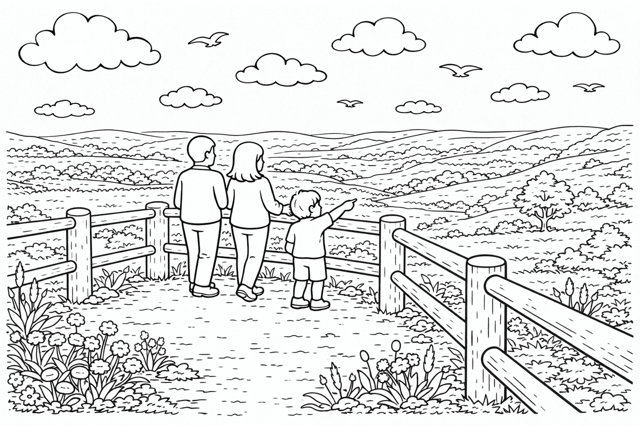 Deutschland: Familie im Blick auf die Rhön - Ausmalbild