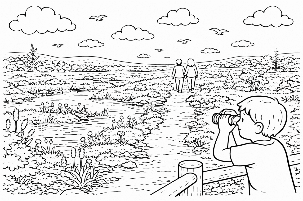 Deutschland: Familie im Moorland bei Tag - Ausmalbild