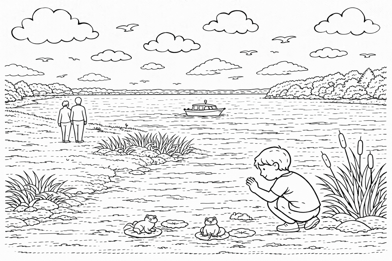 Deutschland: Froschbeobachtung am Seeufer - Ausmalbild