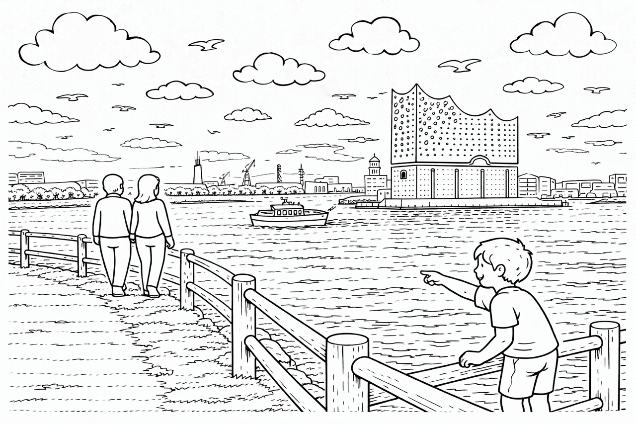 Deutschland: Hamburger Hafen mit Elbphilharmonie - Ausmalbild