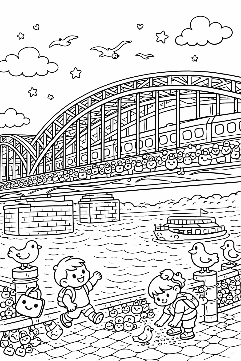 Deutschland: Hohenzollern Bridge im Kawaii-Stil - Ausmalbild