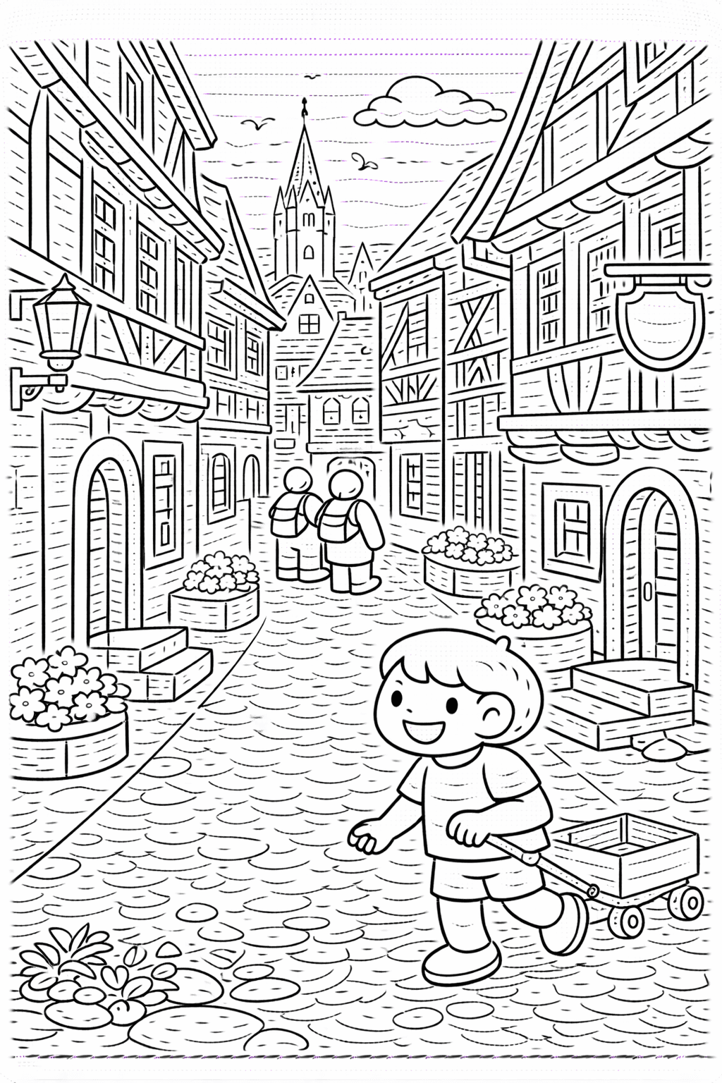 Deutschland: Junge mit Wagen in idyllischer Gasse - Ausmalbild