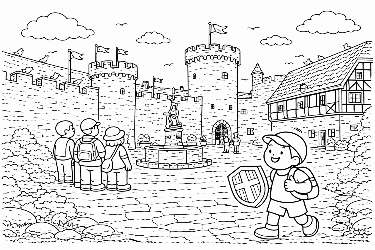 Deutschland: Junger Ritter im Burghof - Ausmalbild