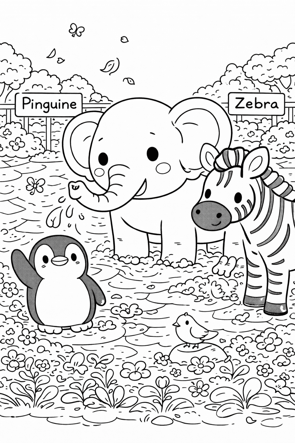 Deutschland: Kawaii Zoo mit freundlichen Tieren - Ausmalbild