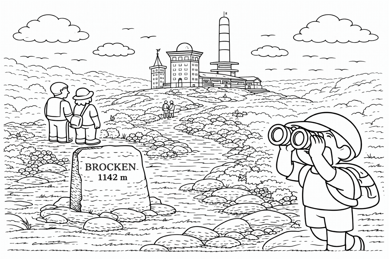 Deutschland: Kinder beim Blick vom Brocken - Ausmalbild