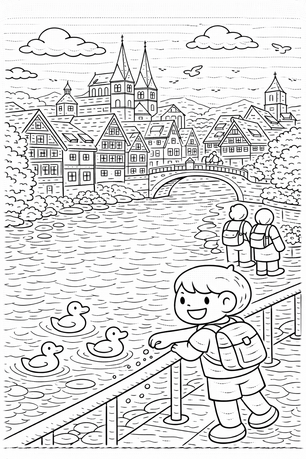 Deutschland: Kinder füttern Enten am Flussufer - Ausmalbild