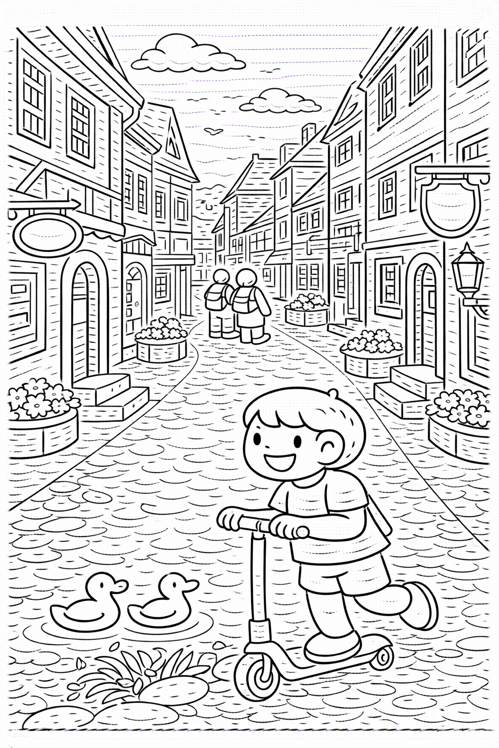 Deutschland: Kinderlachen auf der alten Straße - Ausmalbild