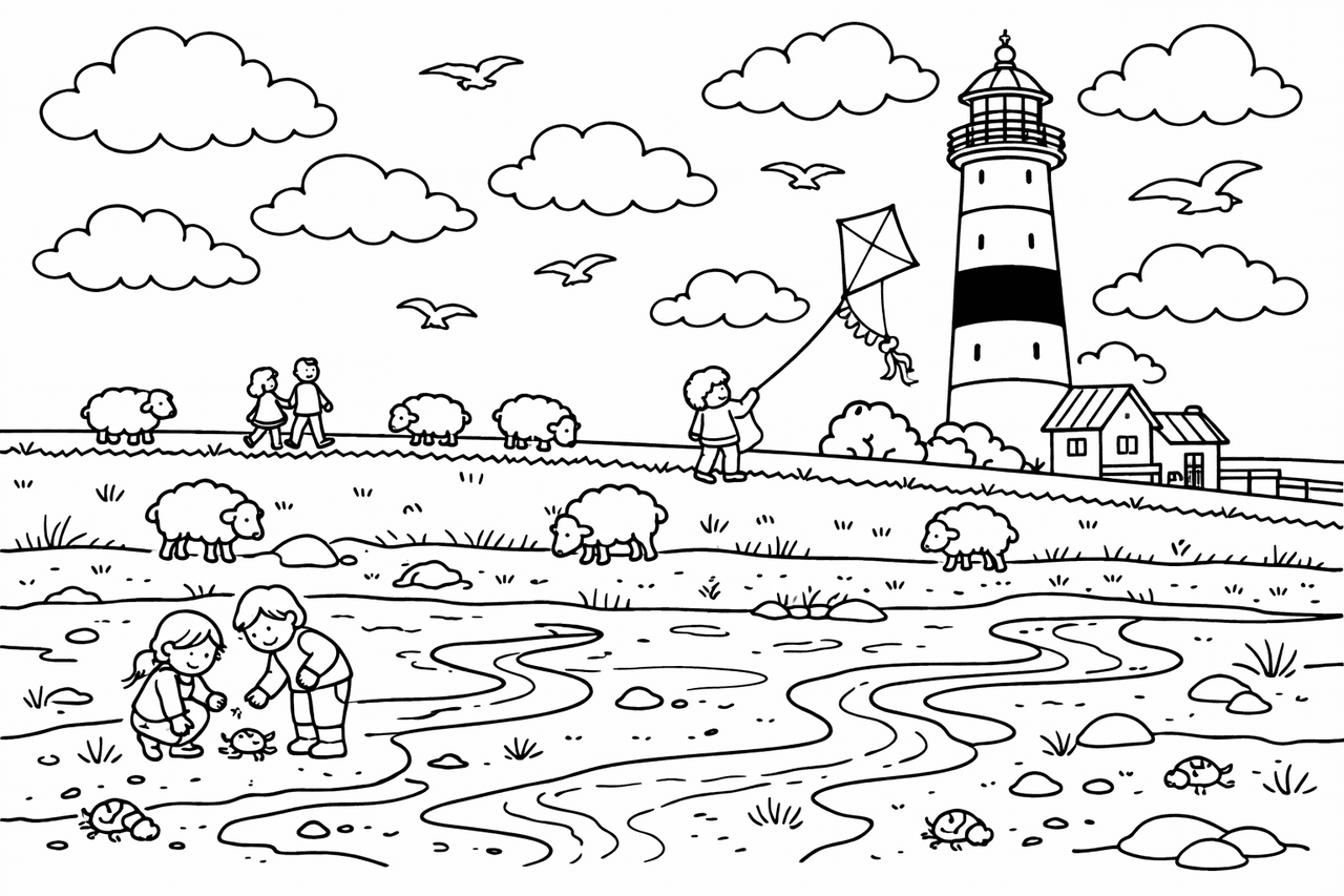 Deutschland: Leuchtturm und Kinder auf dem Deich - Ausmalbild