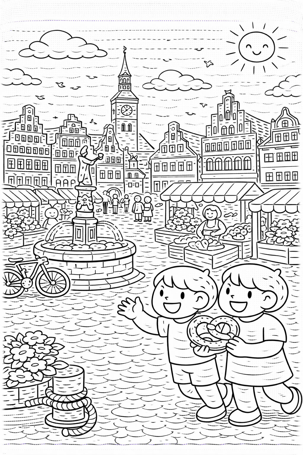 Deutschland: Marktplatz in Wismar bei Sonnenschein - Ausmalbild