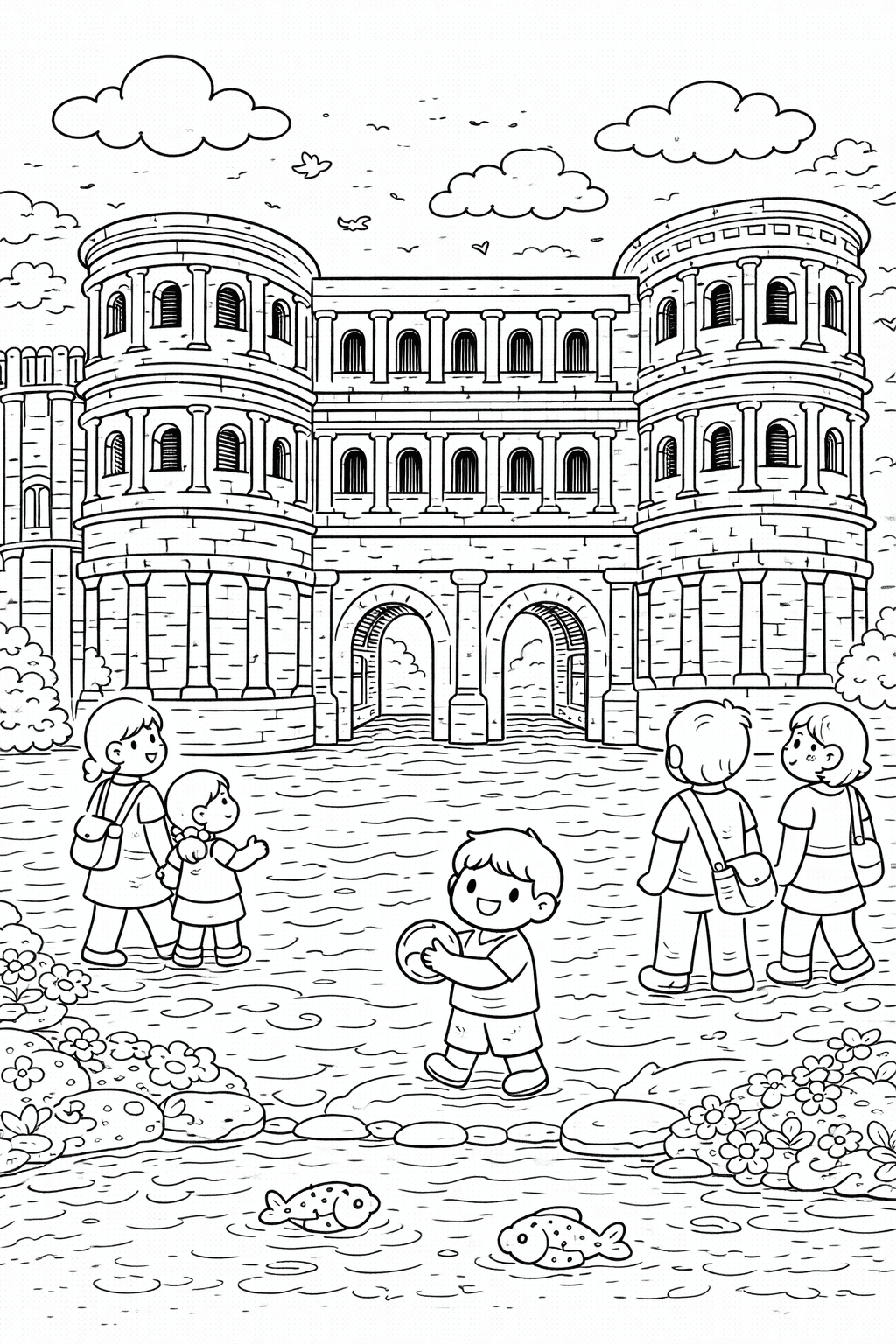 Deutschland: Porta Nigra mit Spaziergängern - Ausmalbild