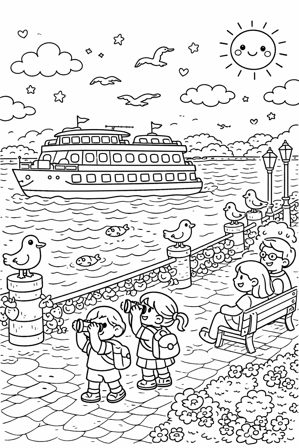 Deutschland: Rheinromantik mit Schiff und Familie - Ausmalbild