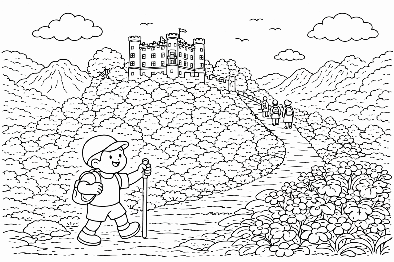 Deutschland: Schloss Hohenschwangau und Wanderer - Ausmalbild