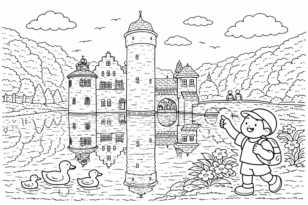 Deutschland: Schloss Mespelbrunn im Märchenwald - Ausmalbild