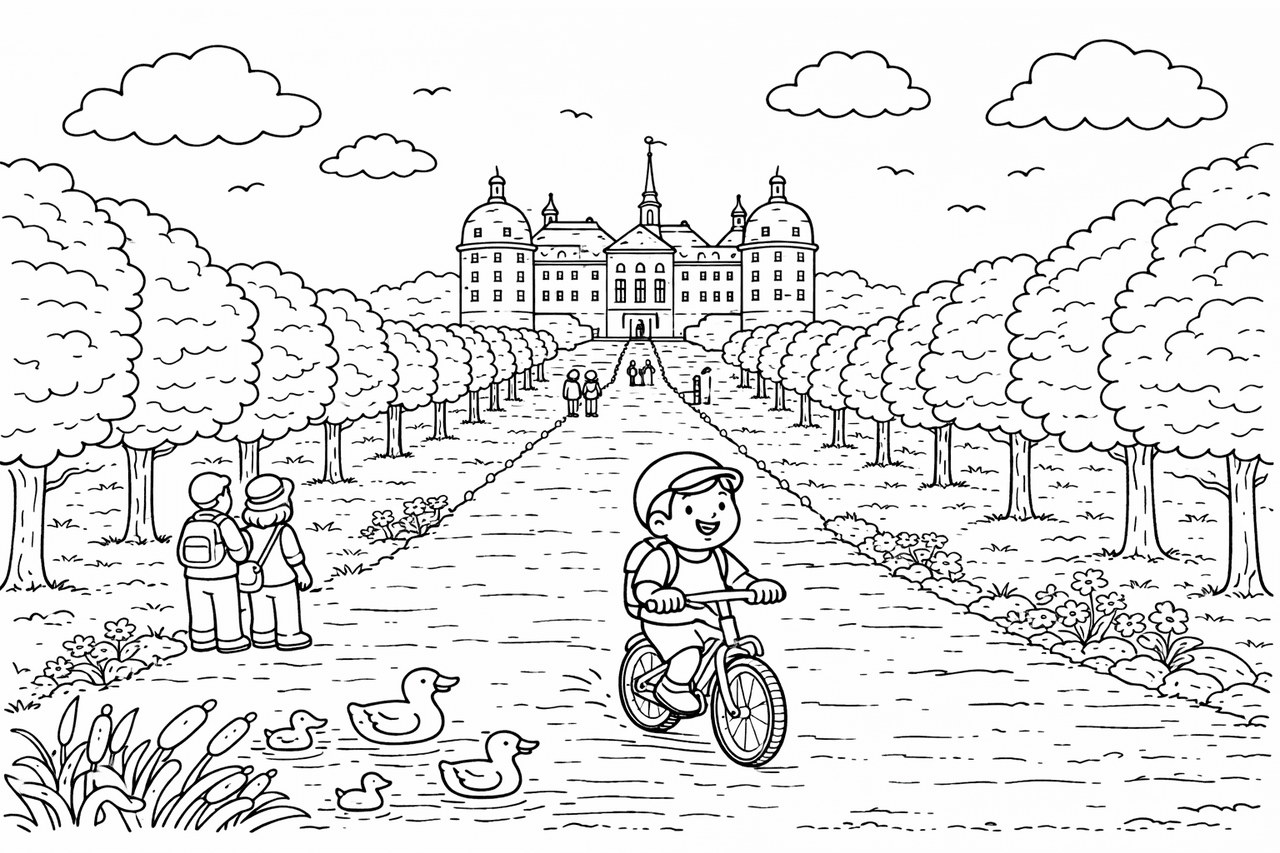 Deutschland: Schloss Moritzburg und der Radfahrer - Ausmalbild