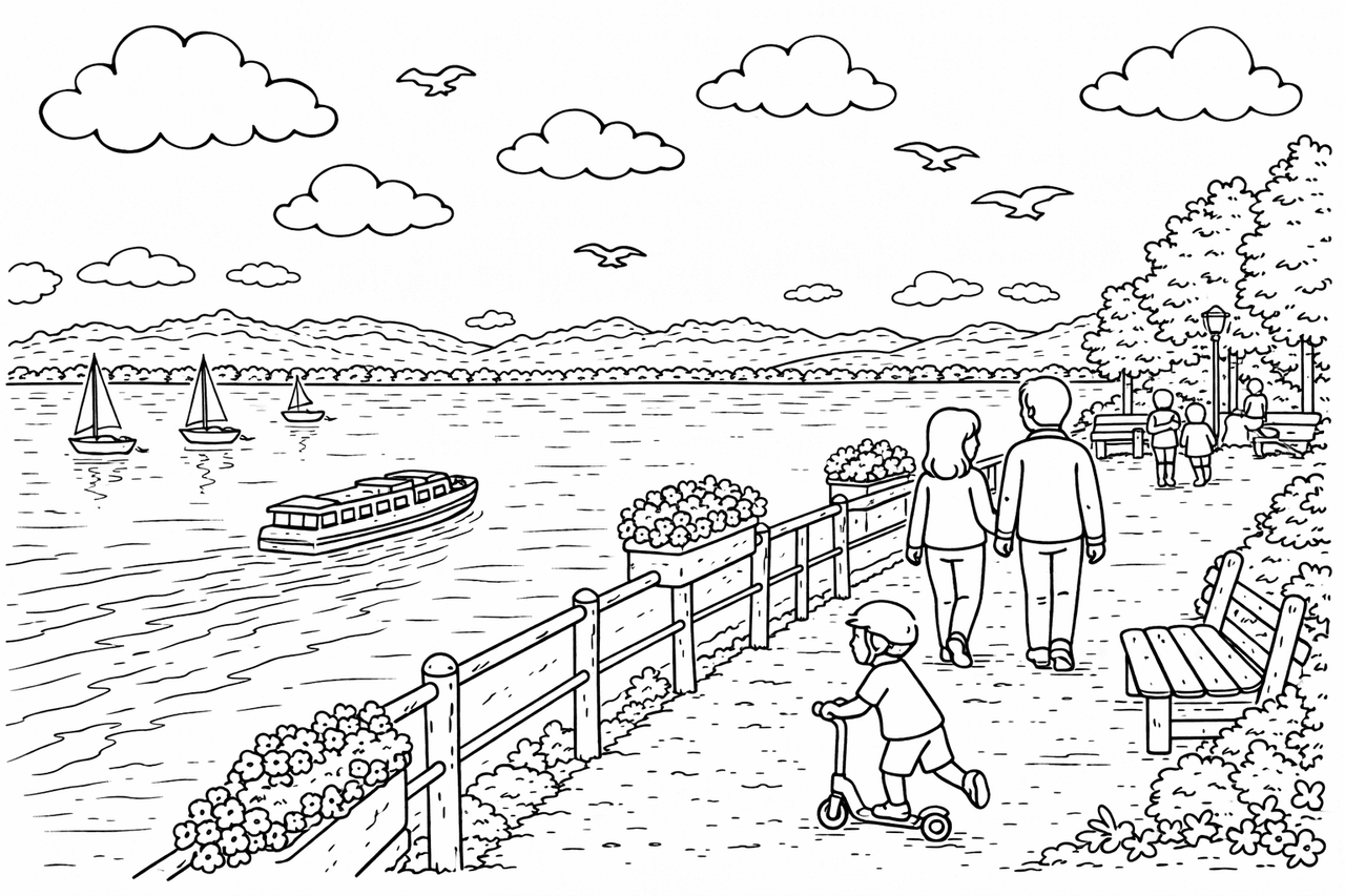 Deutschland: Spaziergang am Bodensee mit Aussicht - Ausmalbild