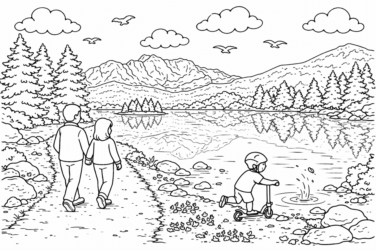 Deutschland: Spaziergang am Eibsee mit Familie - Ausmalbild