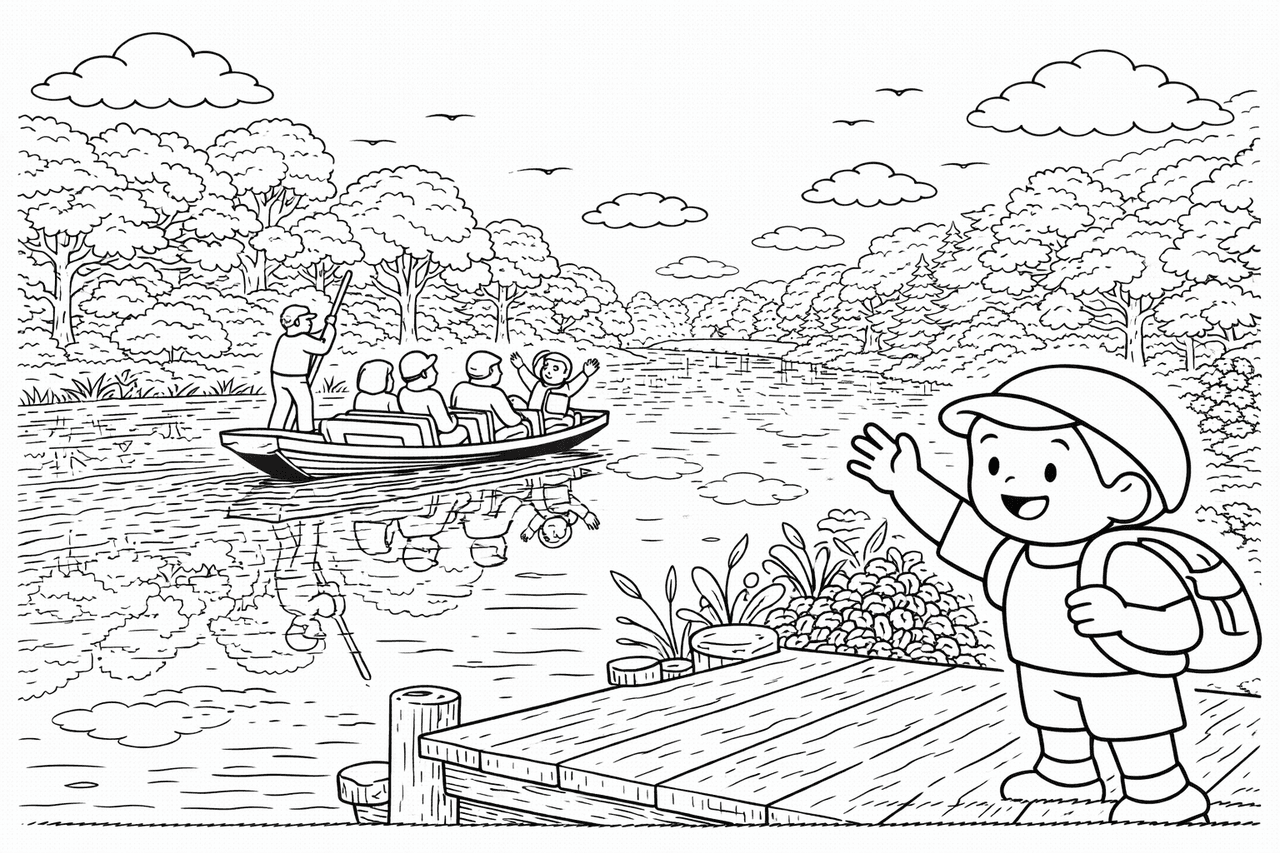 Deutschland: Spreewald Kanal mit unterwegs Boot - Ausmalbild