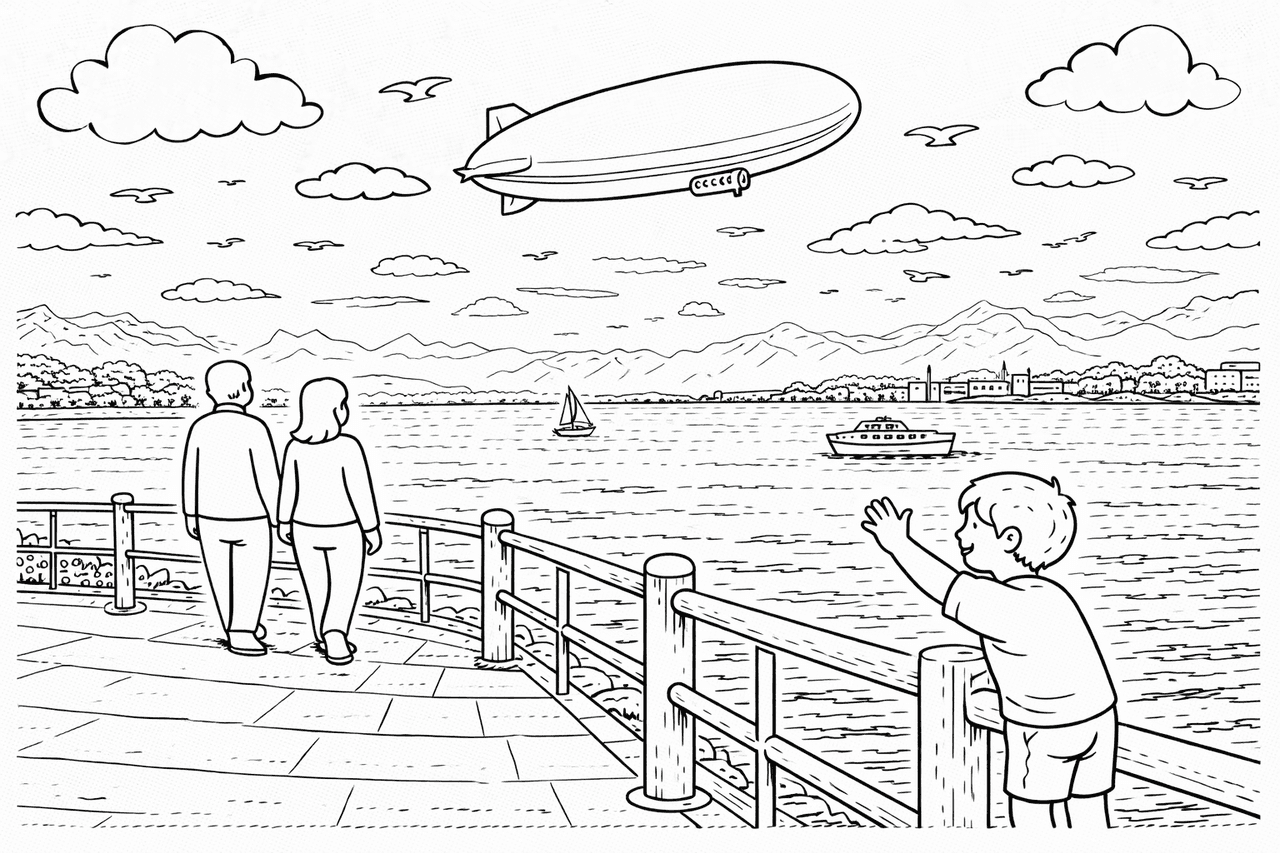 Deutschland: Zeppelinfahrt über dem Bodensee - Ausmalbild