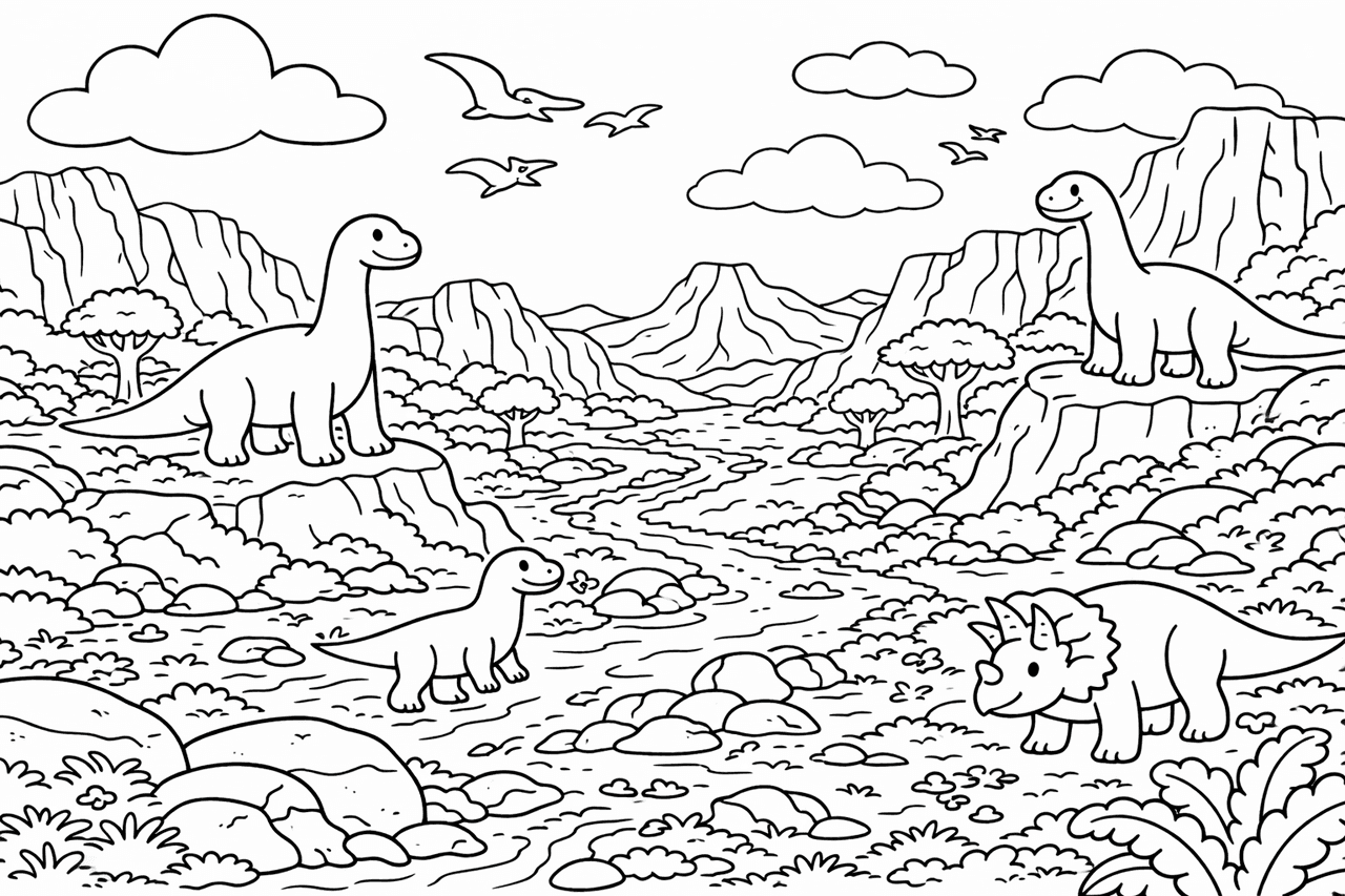 Dinosaurier bei Felsen und Fluss - Ausmalbild