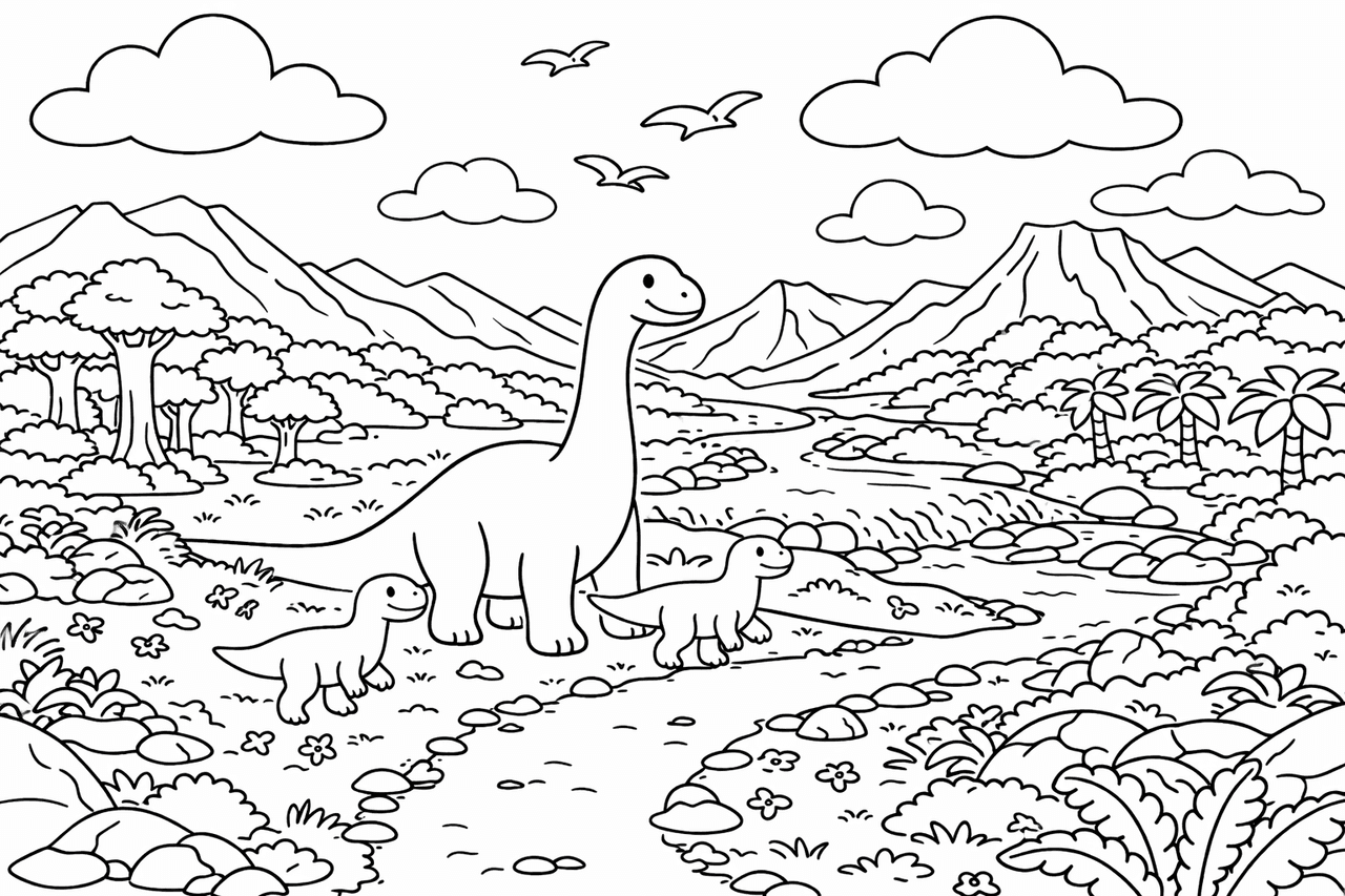 Dinosaurenwanderung im Tal - Ausmalbild