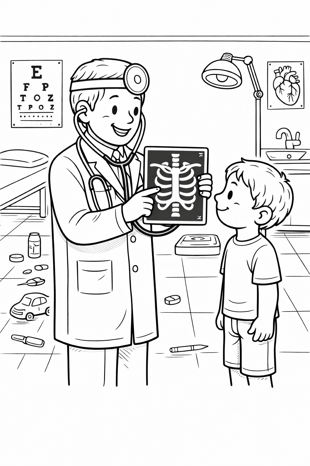 Doktor zeigt Röntgenbild einem Jungen - Ausmalbild