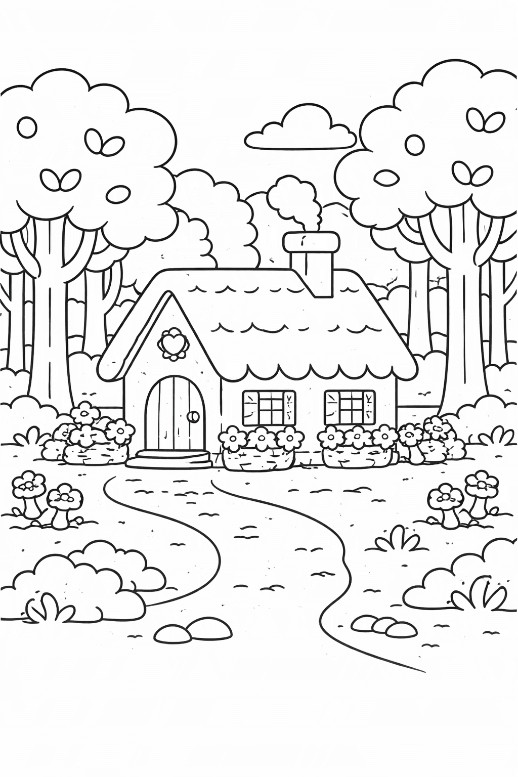Ein gemütliches Häuschen im Wald - Ausmalbild