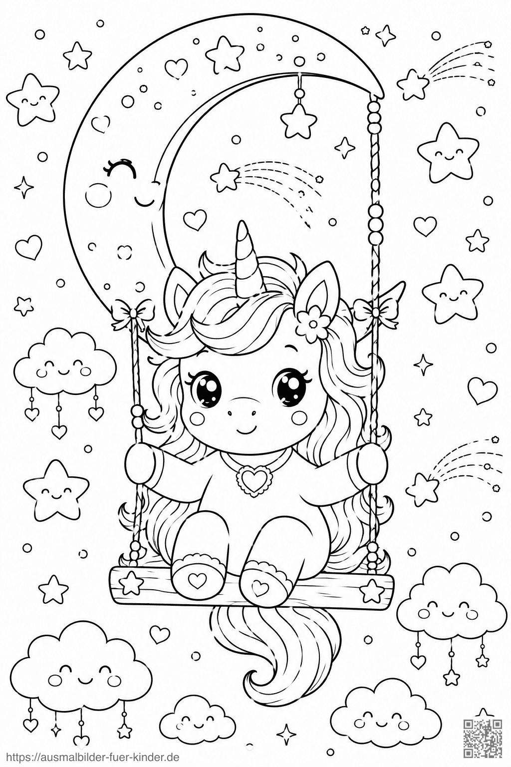 Einhorn auf der Mondschaukel - Ausmalbild