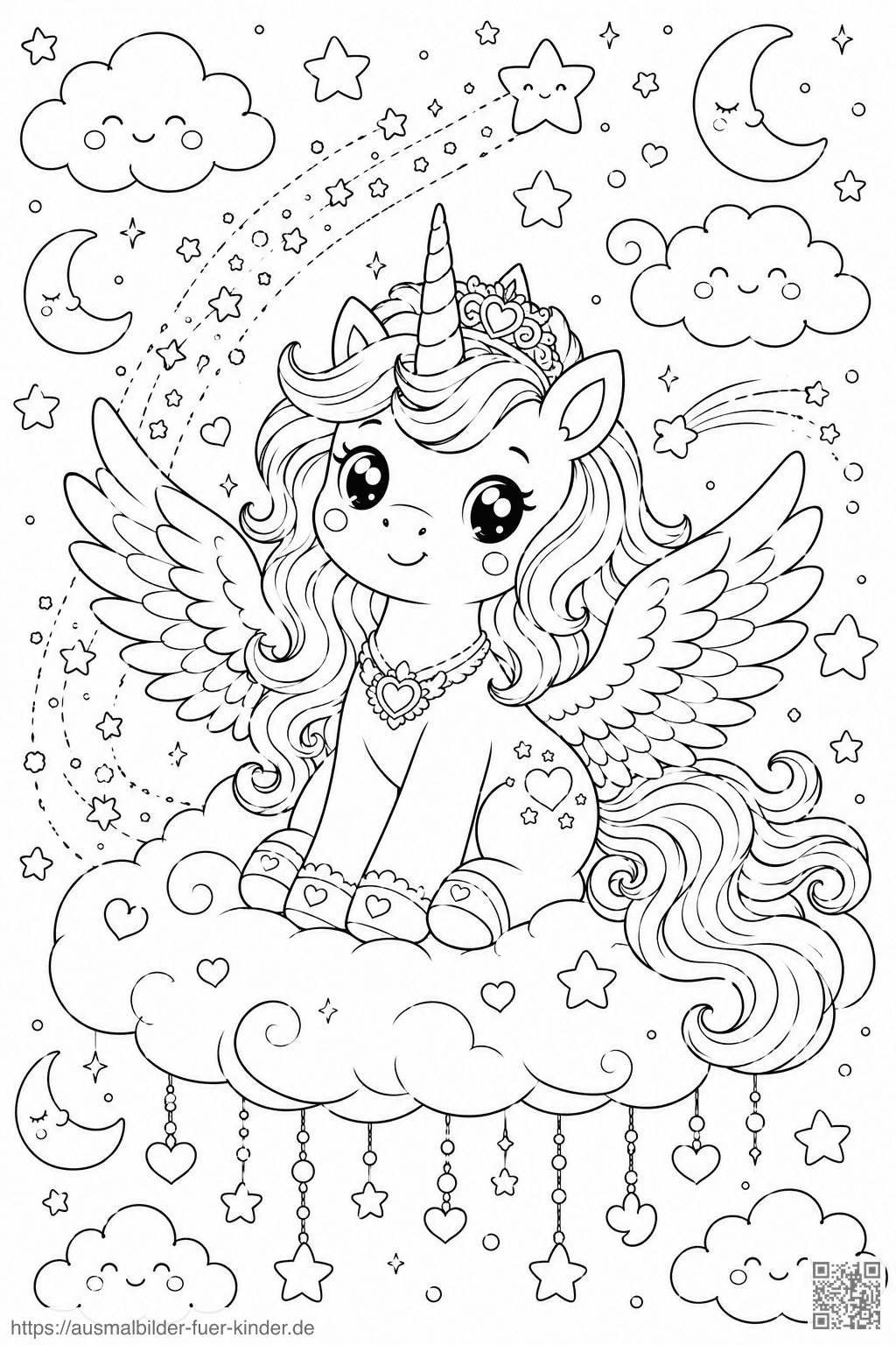 Einhorn auf einer Wolke im Sternenhimmel - Ausmalbild