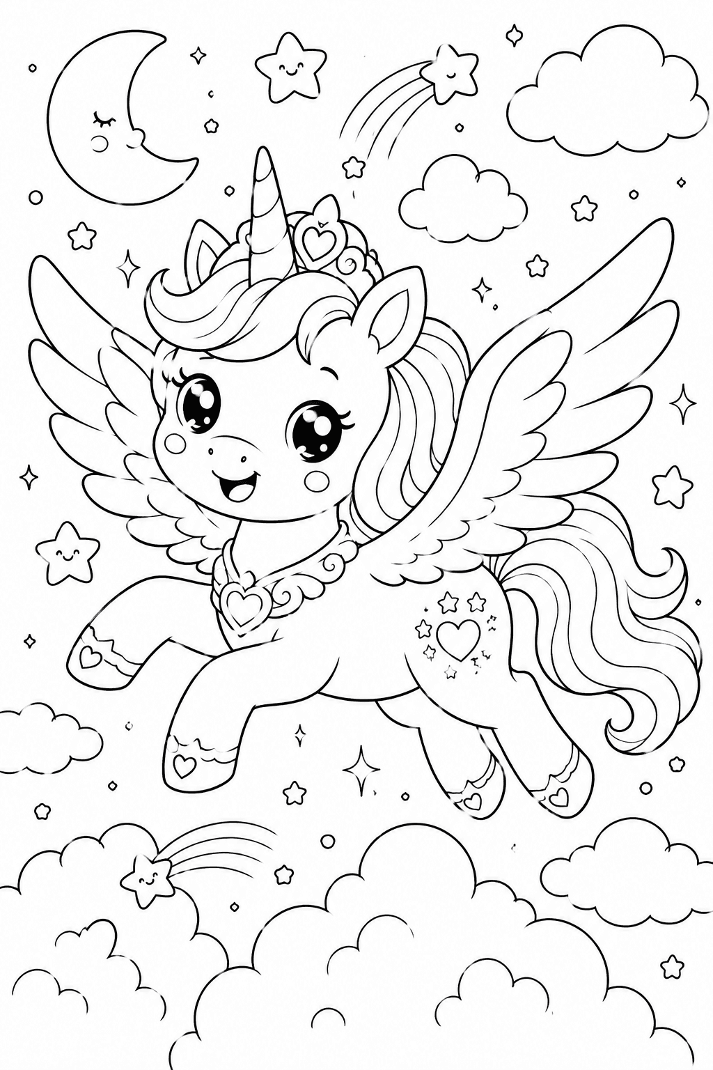 Einhornglück im magischen Himmel - Ausmalbild