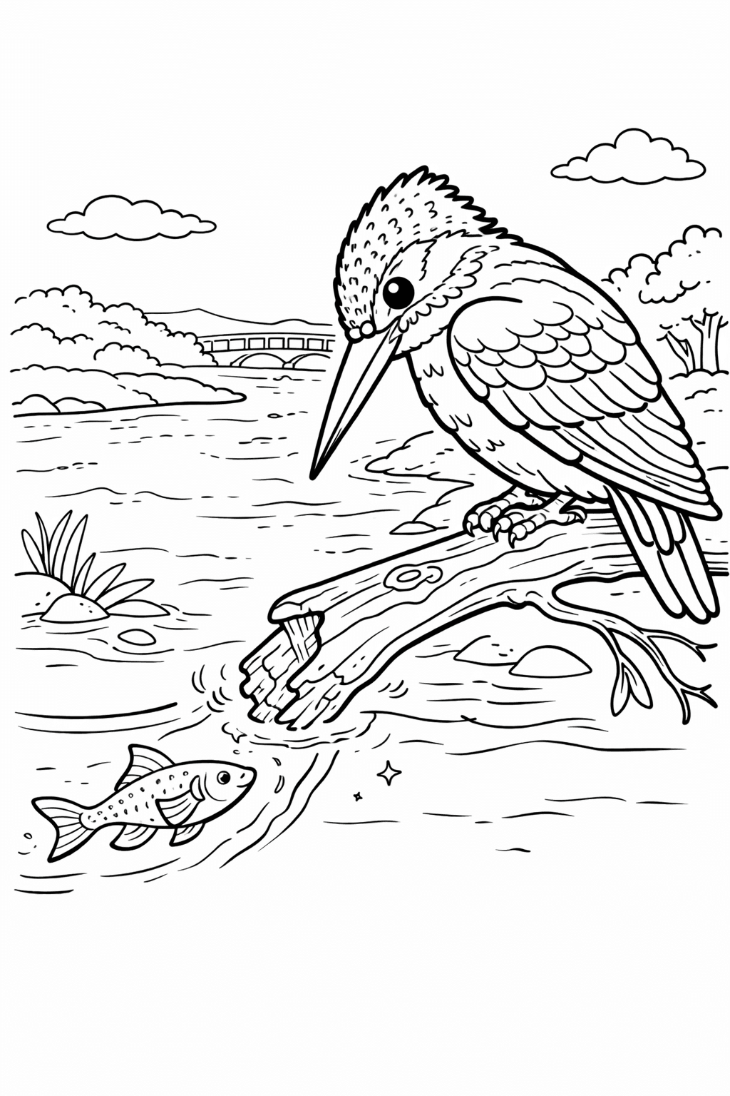 Eisvogel am Flussufer - Ausmalbild