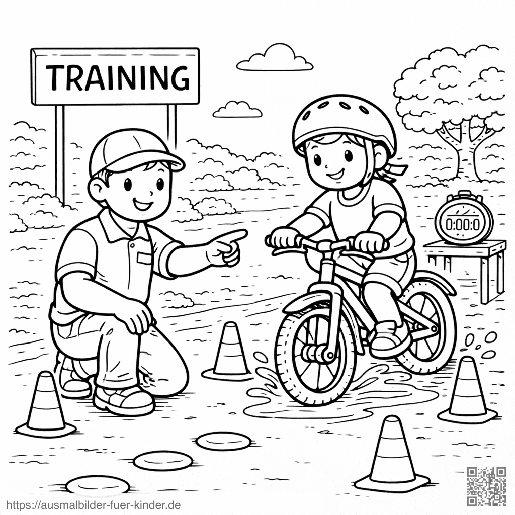 Fahrradtraining mit einem Trainer - Ausmalbild