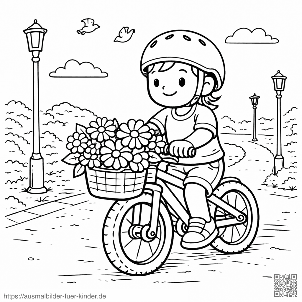 Kind Fahrradfahrt mit Blumenkorb - Ausmalbild