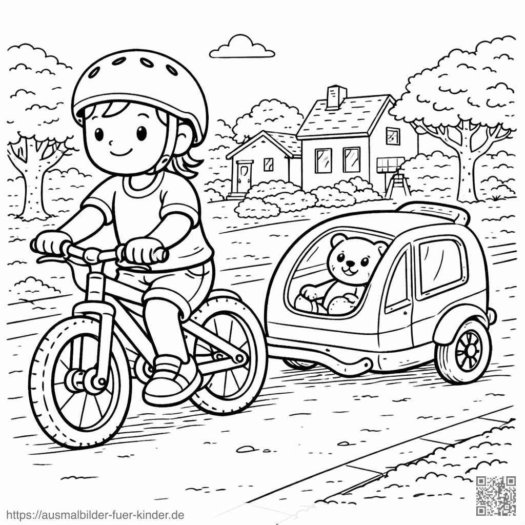 Kind mit Teddy im Fahrradanhänger - Ausmalbild