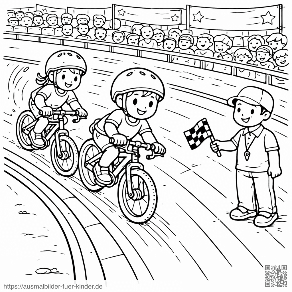 Kinder beim Radrennen im Velodrom - Ausmalbild