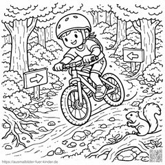 Kinderrad auf Waldweg mit Pfeilen - Ausmalbild